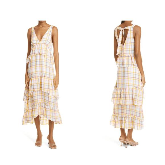 NWT CINQ À SEPT Astor Sleeveless Tiered Plaid Maxi Dress in Size 10 White Multi - Picture 3 of 7